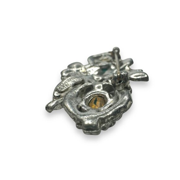 Paul Sargent 24KP Brooch With Green Clear Crystals Floral Design - Picture 5 of 9